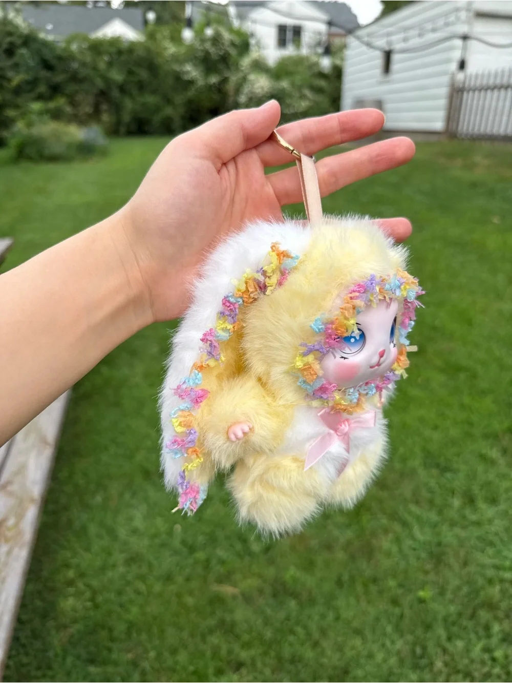 Cute Yellow Bunny Plush Keychain Baby Three with Pink Bow and trim-Gift for Kids